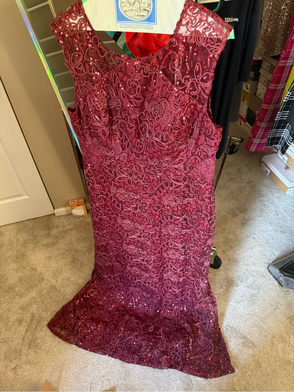 Sleeveless Lace Sequin Maxi Dress in Burgundy